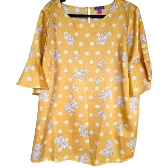 Vince Camuto Tops - Vince Camuto Paisley Mustard Blouse Bell Sleeves Size 1X Chest 24"